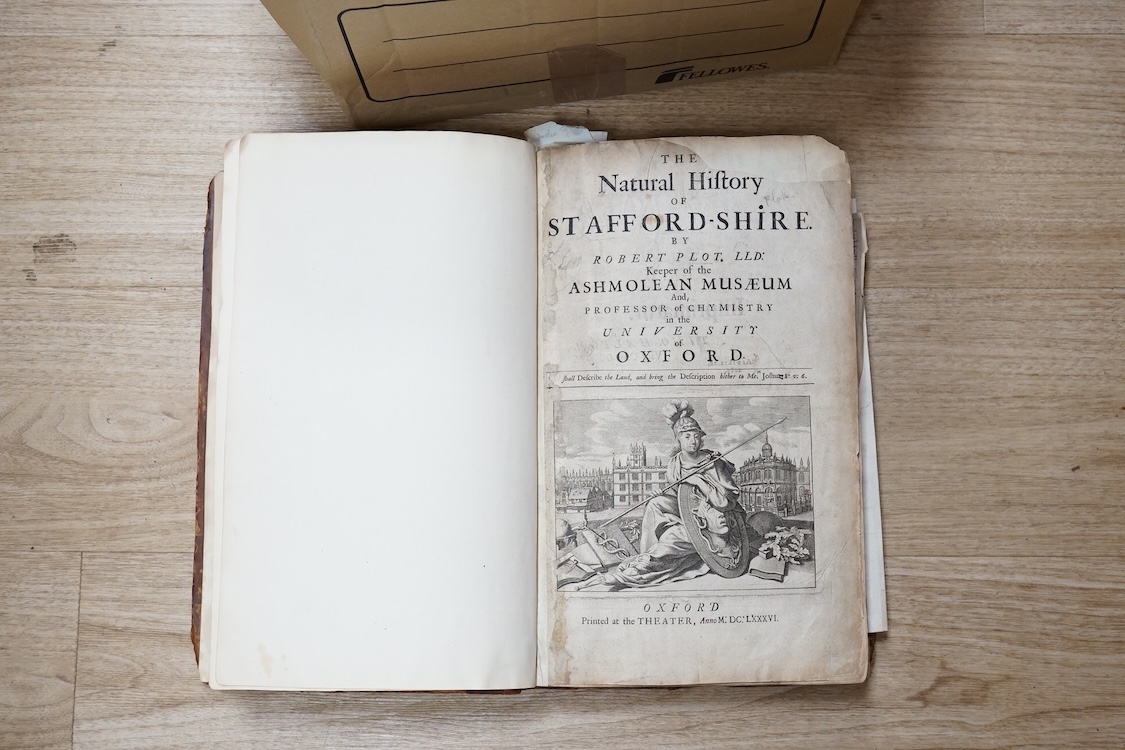 Plot, Robert, the natural history of Staffordshire. Engraved plates, old leather, folio. Oxford, 1686 and other books, mostly leather bound